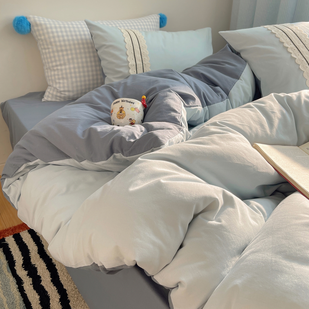 91家纺网 家纺一手货源 找家纺 三朵家纺 2026新款ins风全棉纯棉水洗棉少女系四件套-玛卡龙系列 马卡龙-蔚蓝