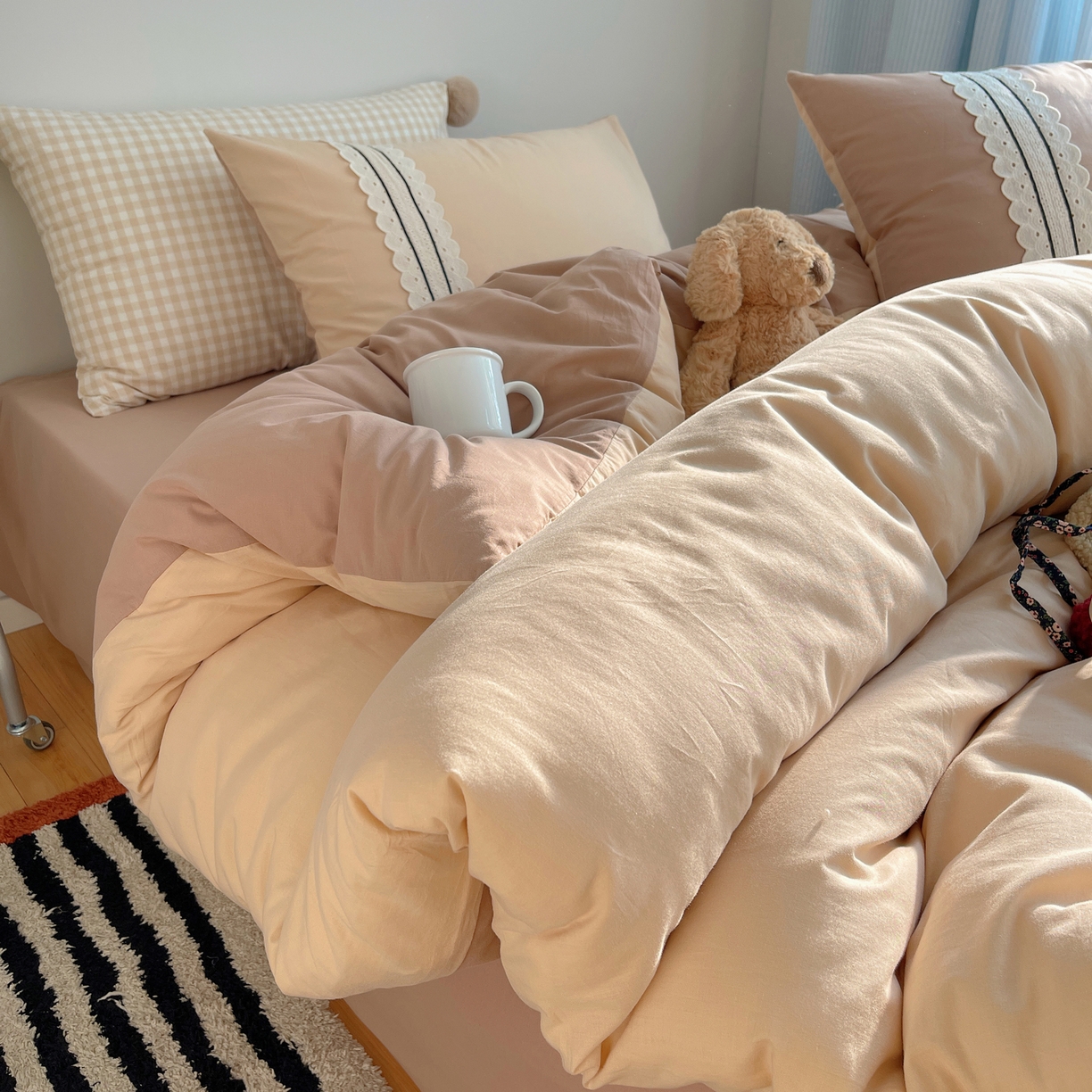 三朵家纺 2026新款ins风全棉纯棉水洗棉少女系四件套-玛卡龙系列 马卡龙-米咖