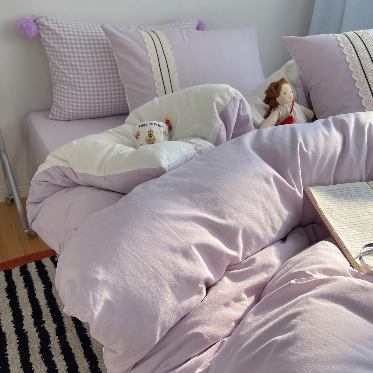 91家纺网 家纺一手货源 找家纺 三朵家纺 2026新款ins风全棉纯棉水洗棉少女系四件套-玛卡龙系列 马卡龙-浅紫