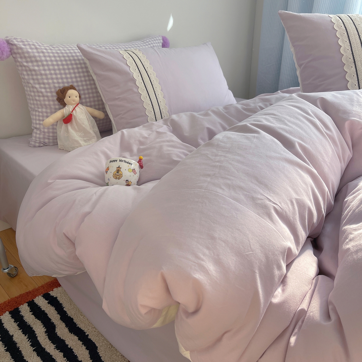 91家纺网 家纺一手货源 找家纺 三朵家纺 2026新款ins风全棉纯棉水洗棉少女系四件套-玛卡龙系列 马卡龙-浅紫