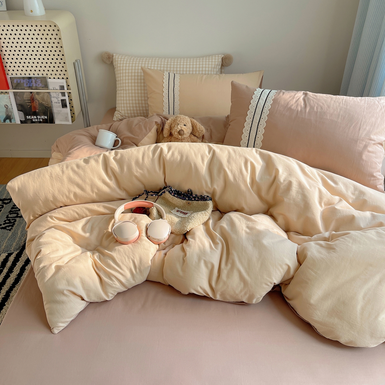 91家纺网 家纺一手货源 找家纺 三朵家纺 2026新款ins风全棉纯棉水洗棉少女系四件套-玛卡龙系列 马卡龙-米咖