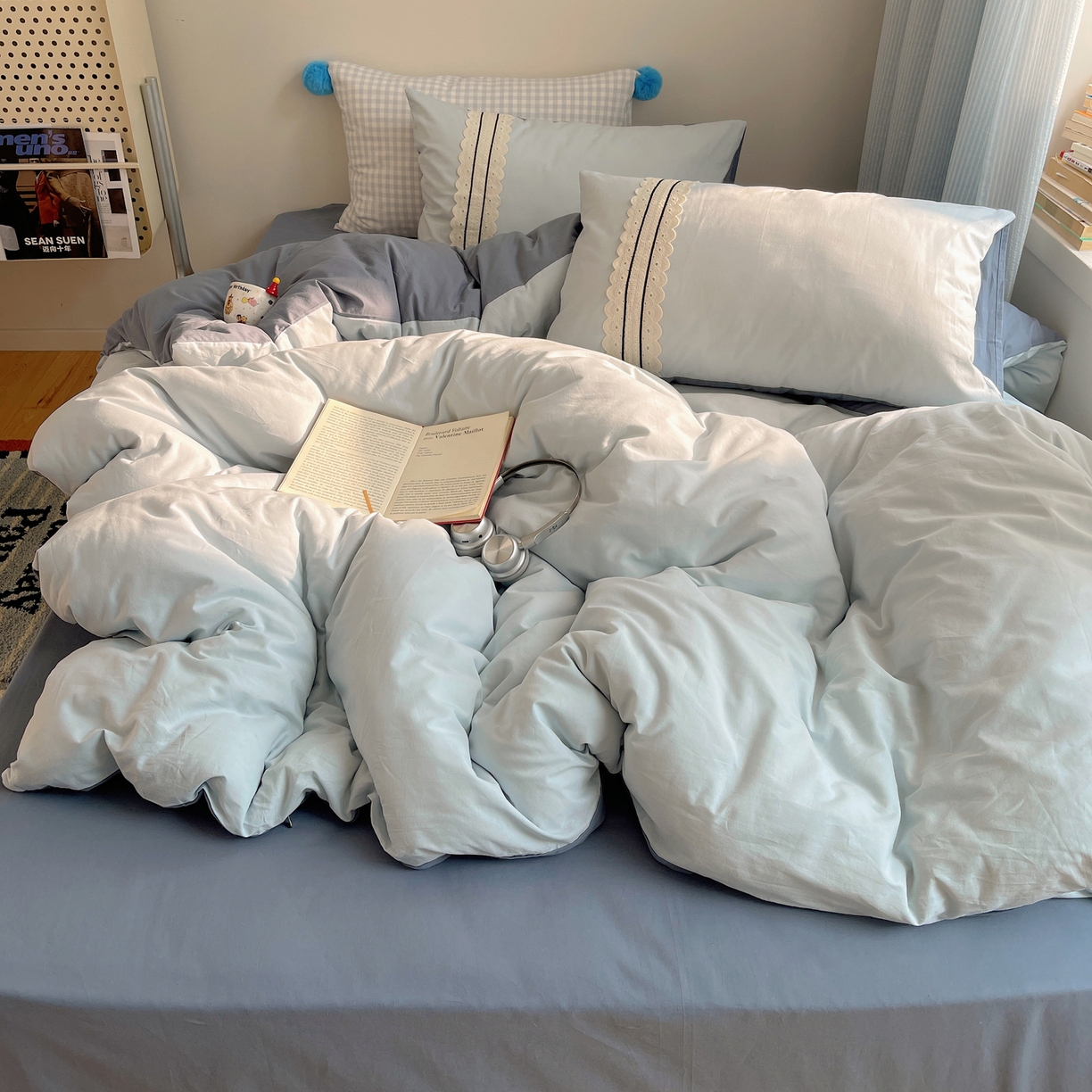 91家纺网 家纺一手货源 找家纺 三朵家纺 2026新款ins风全棉纯棉水洗棉少女系四件套-玛卡龙系列 马卡龙-蔚蓝