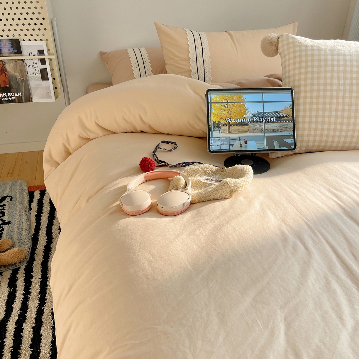 91家纺网 家纺一手货源 找家纺 三朵家纺 2026新款ins风全棉纯棉水洗棉少女系四件套-玛卡龙系列 马卡龙-米咖