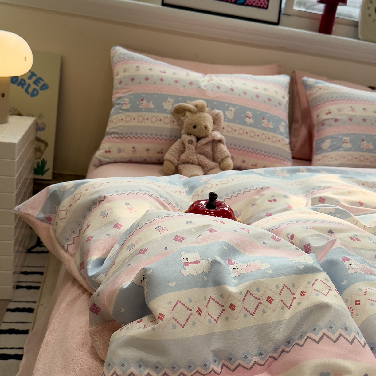 呗旺鹿 2025新款A版全棉B版牛奶绒四件套 小狗笔记