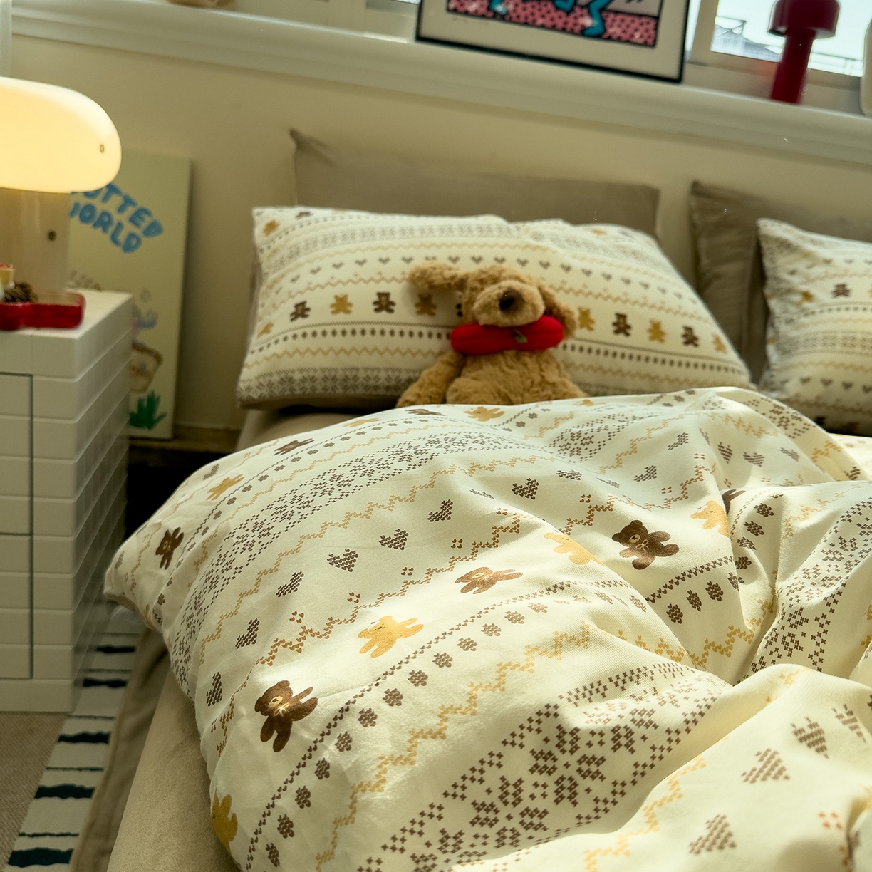 91家纺网 家纺一手货源 找家纺 呗旺鹿 2025新款A版全棉B版牛奶绒四件套 费尔岛小熊