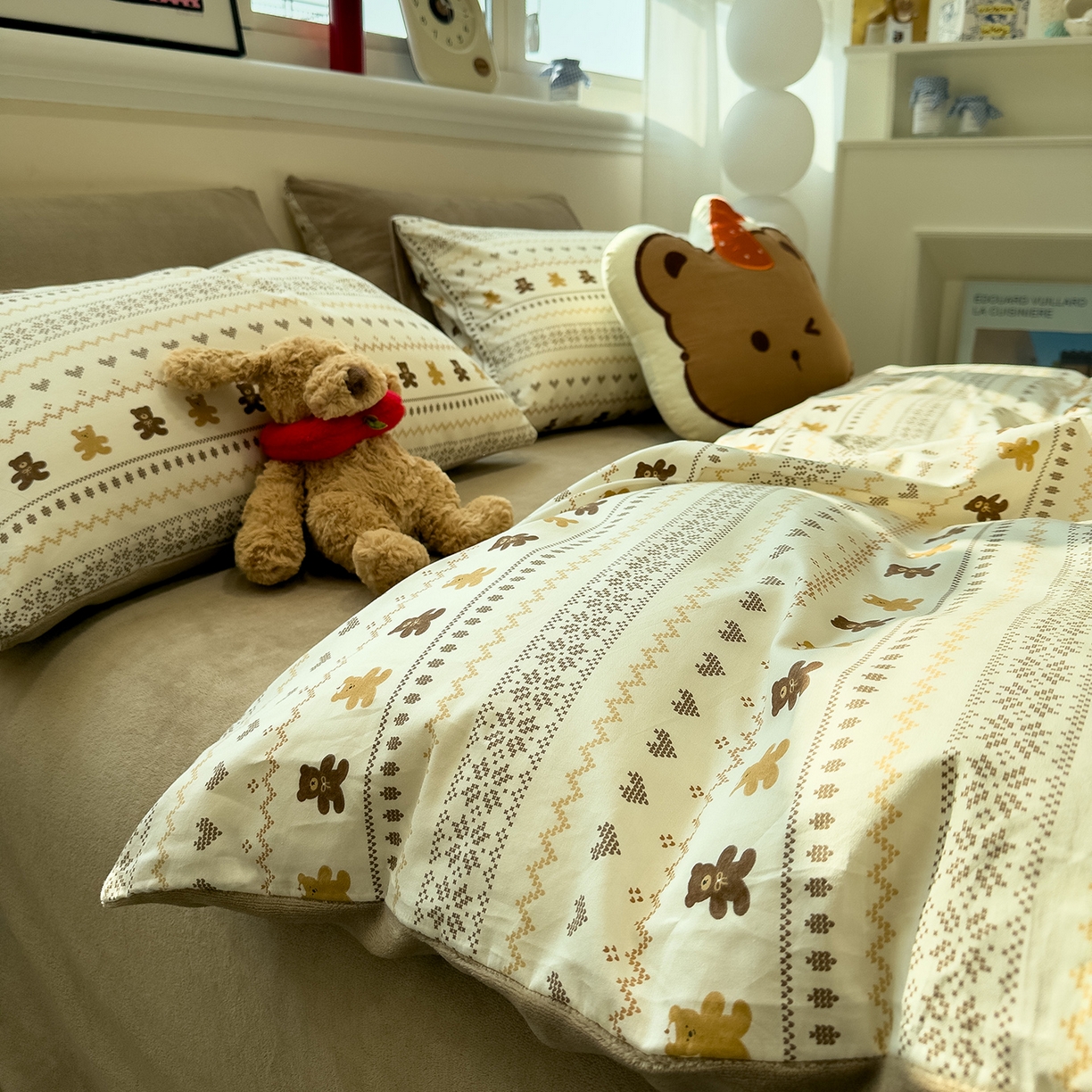 呗旺鹿 2025新款A版全棉B版牛奶绒四件套 费尔岛小熊