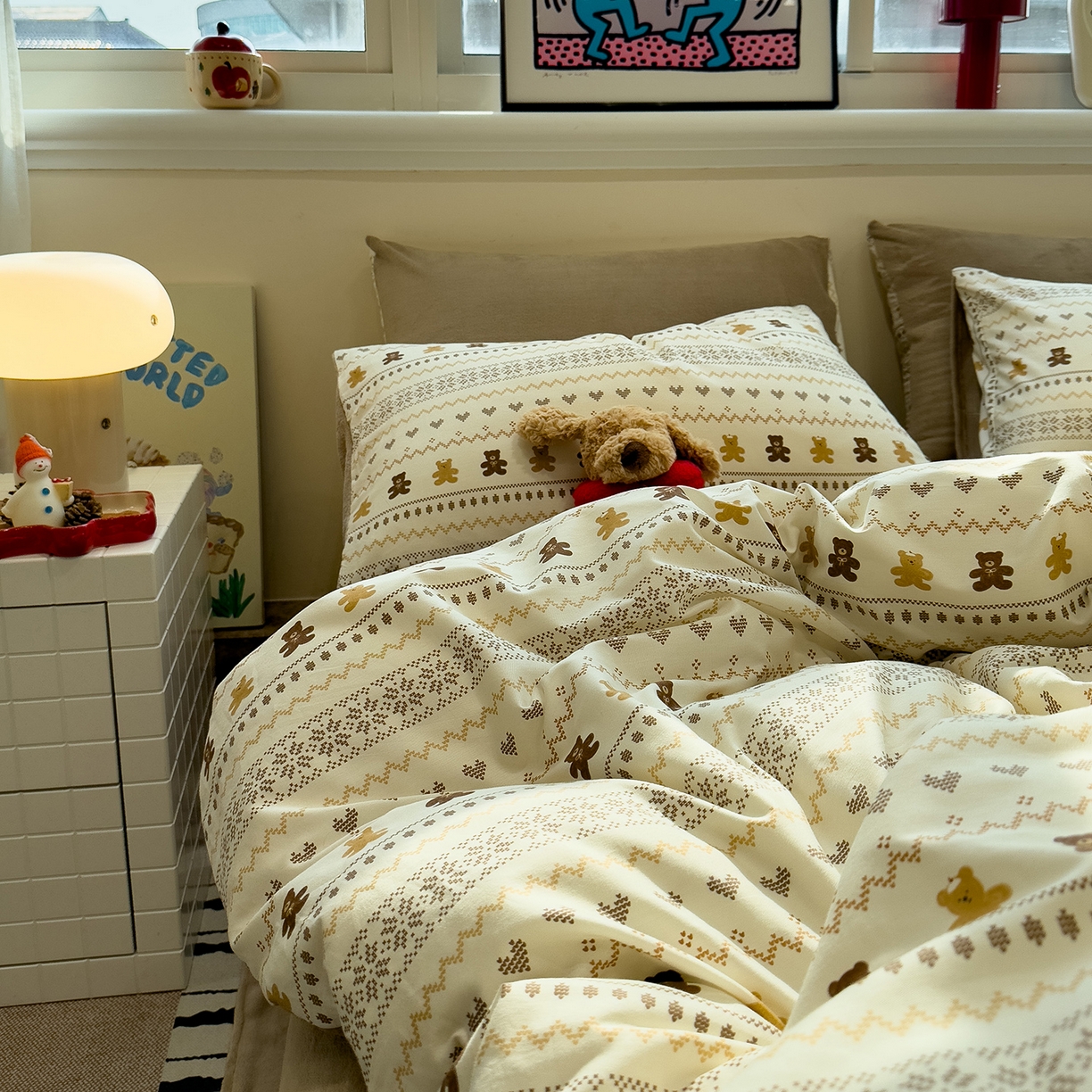 91家纺网 家纺一手货源 找家纺 呗旺鹿 2025新款A版全棉B版牛奶绒四件套 费尔岛小熊