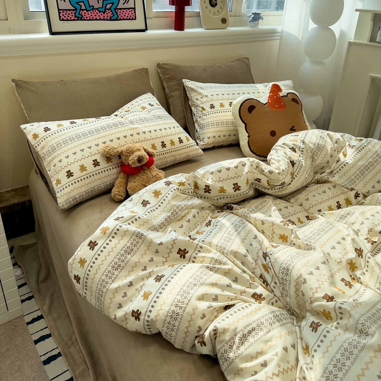 91家纺网 家纺一手货源 找家纺 呗旺鹿 2025新款A版全棉B版牛奶绒四件套 费尔岛小熊