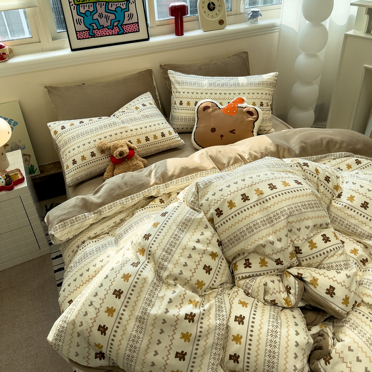 91家纺网 家纺一手货源 找家纺 呗旺鹿 2025新款A版全棉B版牛奶绒四件套 费尔岛小熊