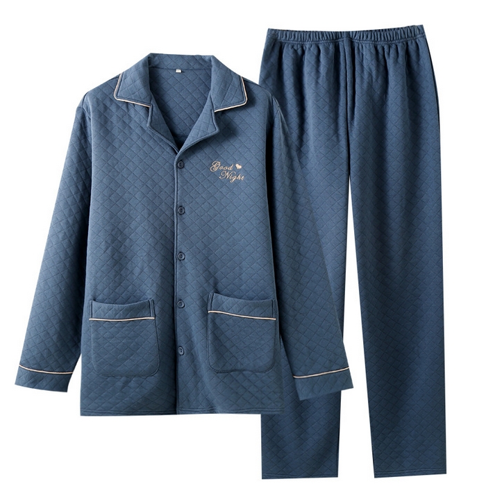 （总）洛兰沙家居馆 2025新款跨境批发男士空气棉睡衣秋冬季三层夹棉长袖保暖可外穿家居服套装