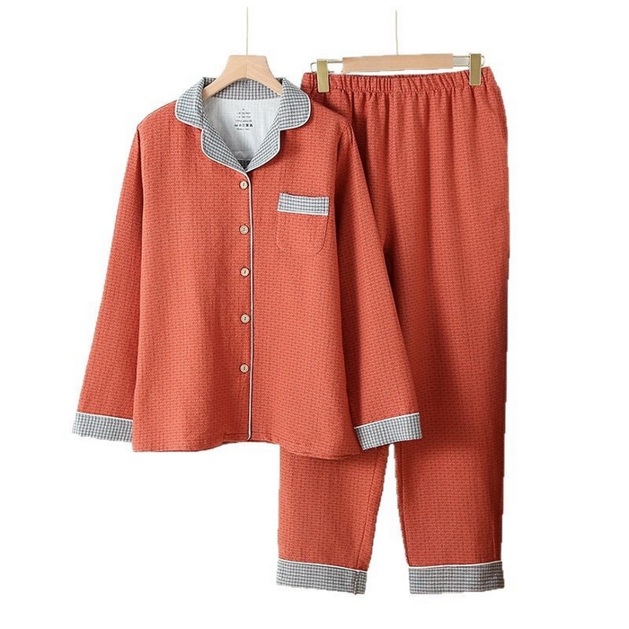 91家纺网 家纺一手货源 找家纺 （总）洛兰沙家居馆 2025新款情侣全棉色织双层纱布睡衣春秋冬季男女士宽松长袖家居服套装