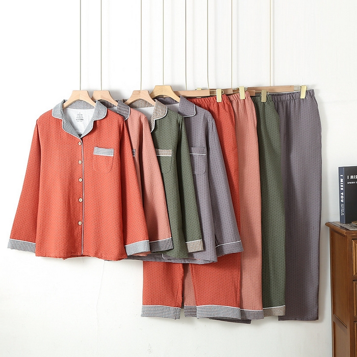 91家纺网 家纺一手货源 找家纺 （总）洛兰沙家居馆 2025新款情侣全棉色织双层纱布睡衣春秋冬季男女士宽松长袖家居服套装