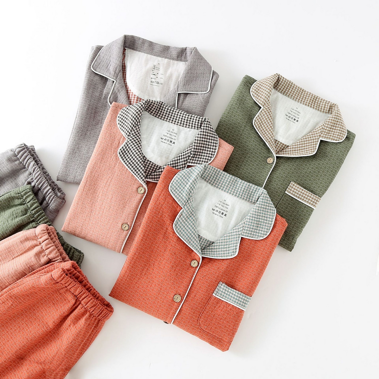 91家纺网 家纺一手货源 找家纺 （总）洛兰沙家居馆 2025新款情侣全棉色织双层纱布睡衣春秋冬季男女士宽松长袖家居服套装