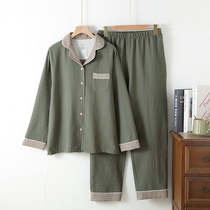 91家纺网 家纺一手货源 找家纺 （总）洛兰沙家居馆 2025新款情侣全棉色织双层纱布睡衣春秋冬季男女士宽松长袖家居服套装