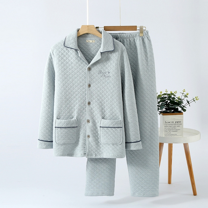 （总）洛兰沙家居馆 2025新款秋冬季三层加厚空气棉男款刺绣睡衣简约长袖可外穿夹棉保暖家居服