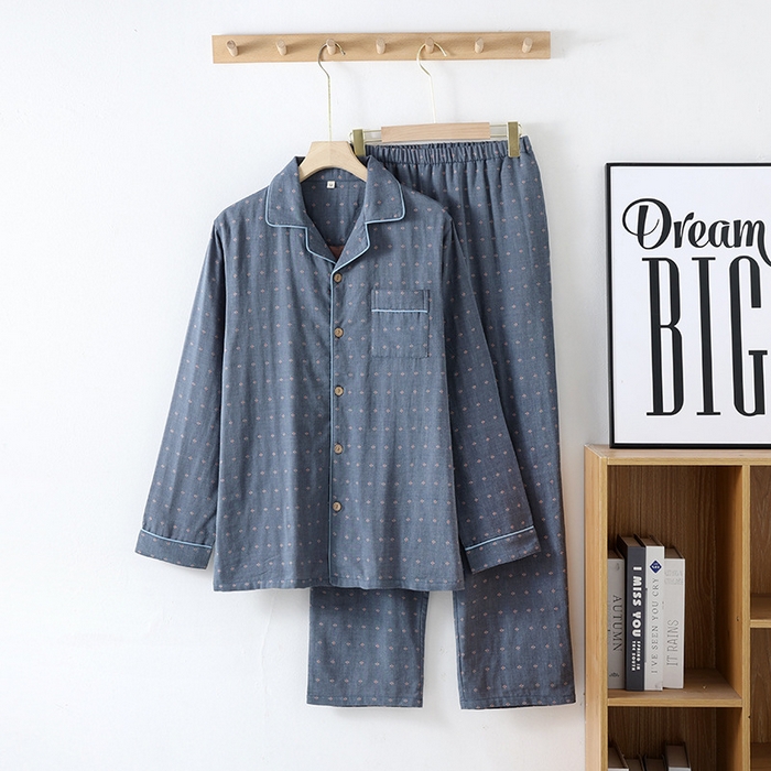 （总）洛兰沙家居馆 2025新款日系无印风色织纯棉双层纱布家居服男士春秋夏季全棉长袖睡衣批发