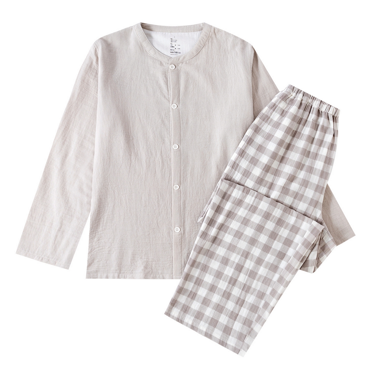 91家纺网 家纺一手货源 找家纺 （总）洛兰沙家居馆 2025新款无印风纯棉纱布家居服男士纯色睡衣春夏秋季长袖长裤家居服可外穿