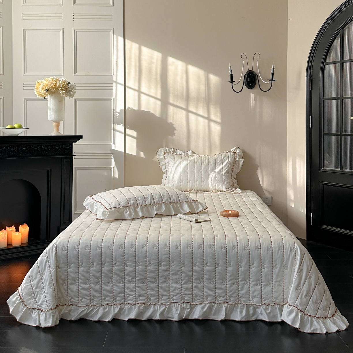 琳可家居 2026新款60S长绒棉花边床盖A类双面全棉高温水洗-蝶恋系列 蝶恋-暖白