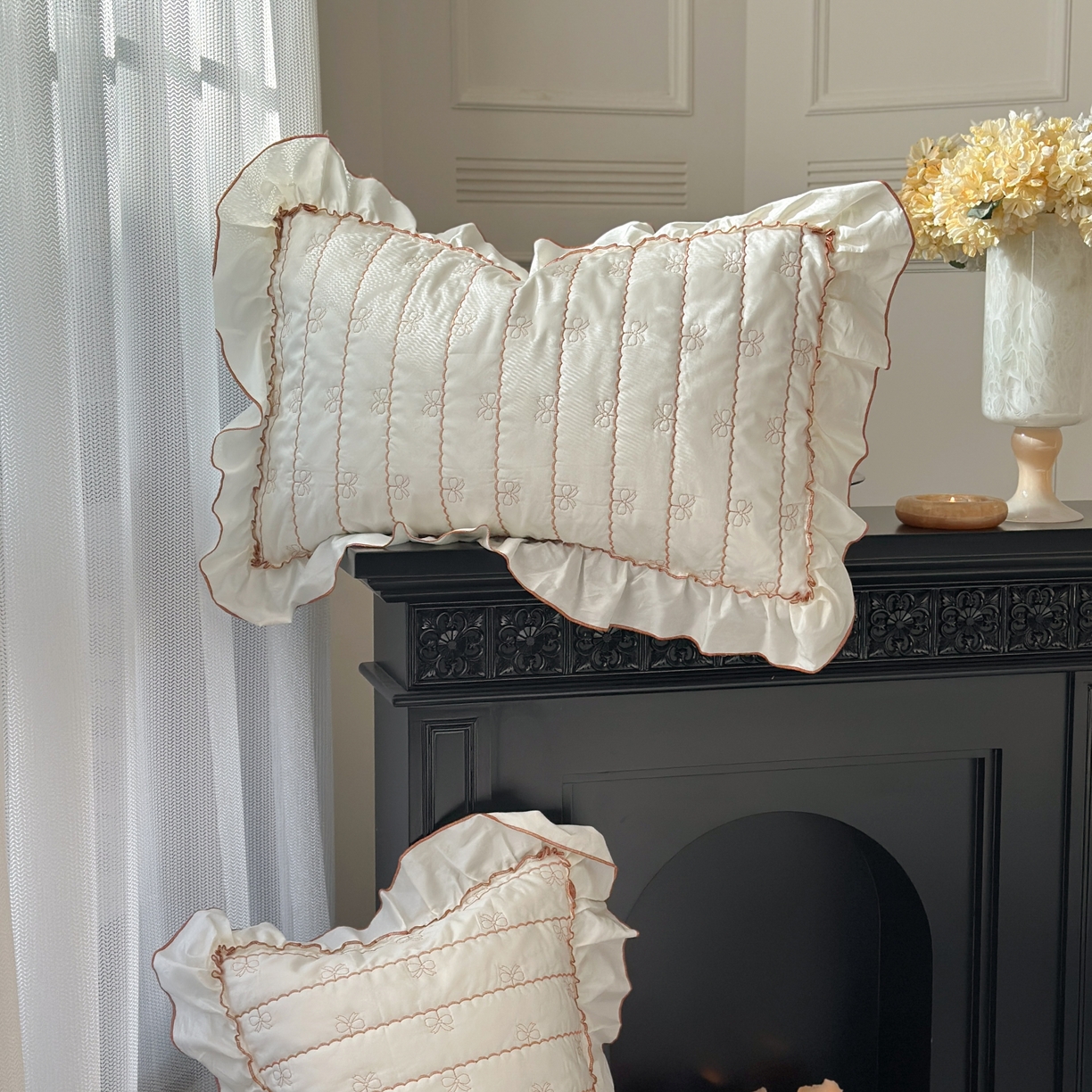 91家纺网 家纺一手货源 找家纺 琳可家居 2026新款60S长绒棉花边床盖A类双面全棉高温水洗-蝶恋系列 蝶恋-暖白