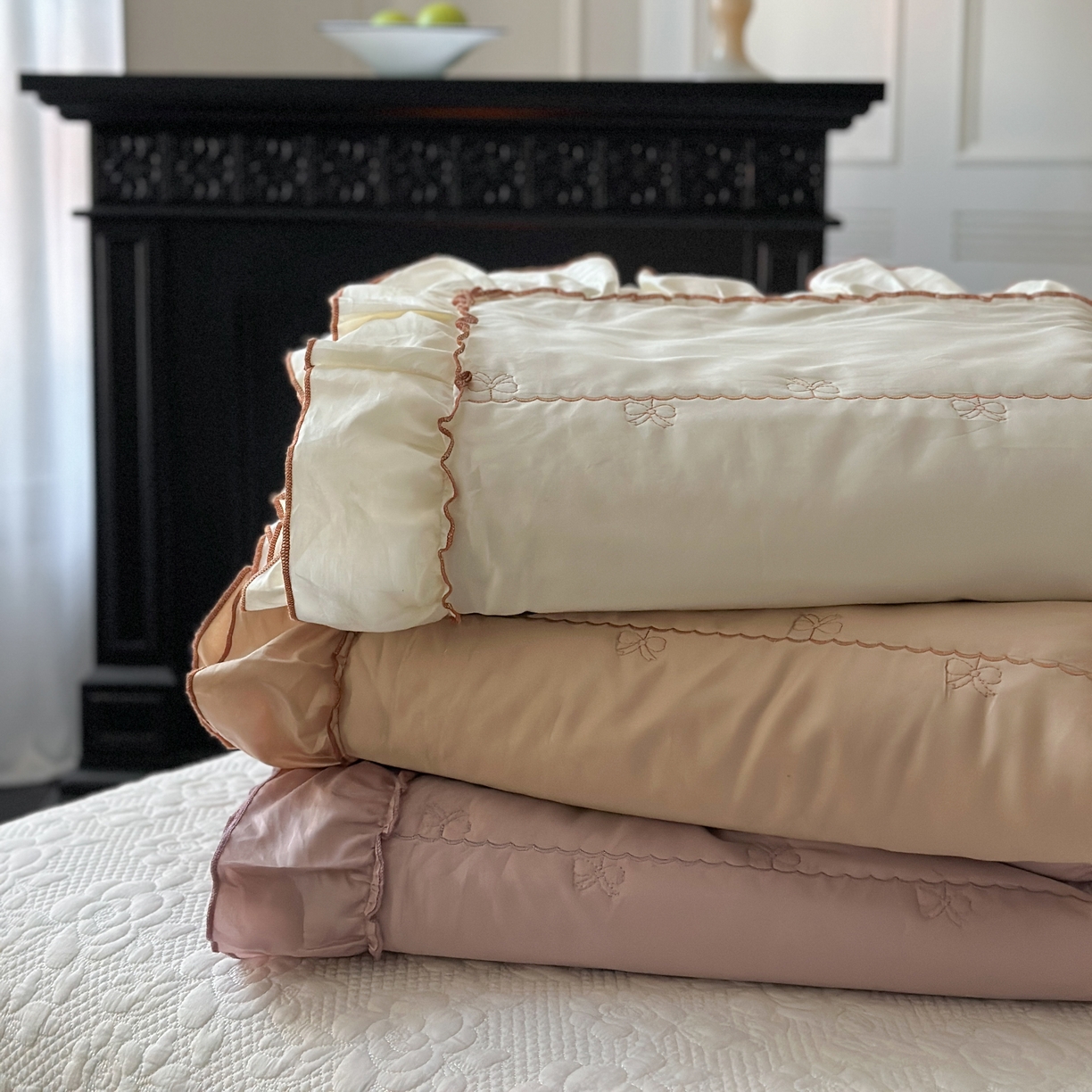 琳可家居 2026新款60S长绒棉花边床盖A类双面全棉高温水洗-蝶恋系列 组合