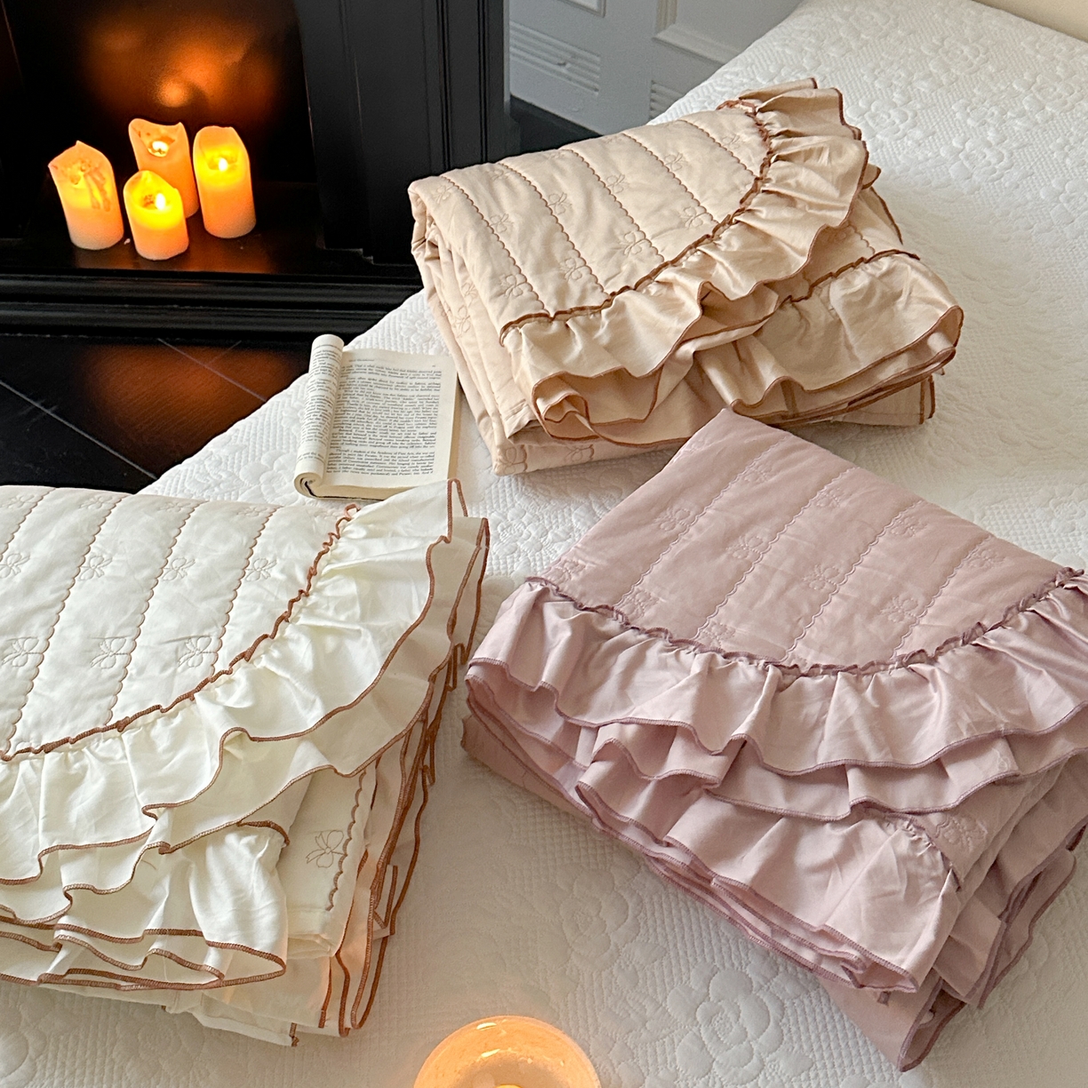 91家纺网 家纺一手货源 找家纺 琳可家居 2026新款60S长绒棉花边床盖A类双面全棉高温水洗-蝶恋系列 组合