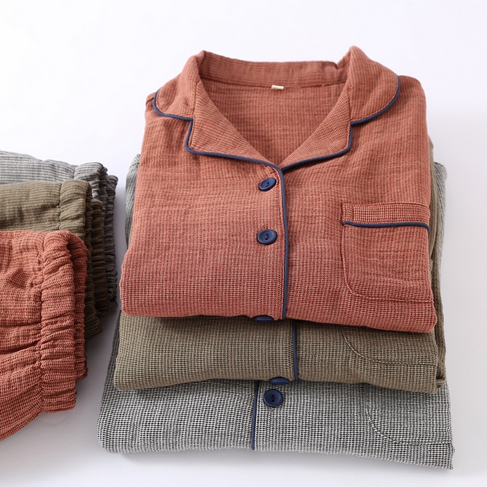 91家纺网 家纺一手货源 找家纺 （总）洛兰沙家居馆 2025新款日系无印纯棉纱布情侣睡衣四季薄款长袖长裤翻领男女士简约家居服