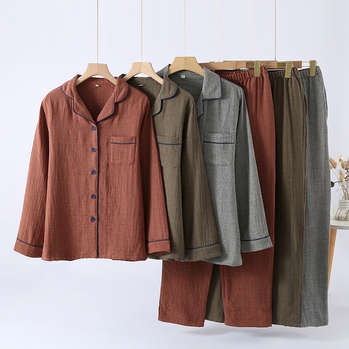 91家纺网 家纺一手货源 找家纺 （总）洛兰沙家居馆 2025新款日系无印纯棉纱布情侣睡衣四季薄款长袖长裤翻领男女士简约家居服