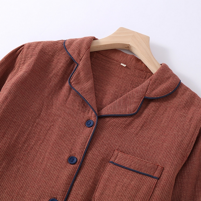 91家纺网 家纺一手货源 找家纺 （总）洛兰沙家居馆 2025新款日系无印纯棉纱布情侣睡衣四季薄款长袖长裤翻领男女士简约家居服