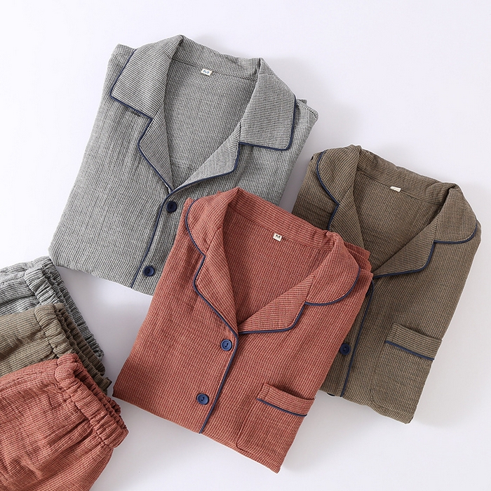 91家纺网 家纺一手货源 找家纺 （总）洛兰沙家居馆 2025新款日系无印纯棉纱布情侣睡衣四季薄款长袖长裤翻领男女士简约家居服