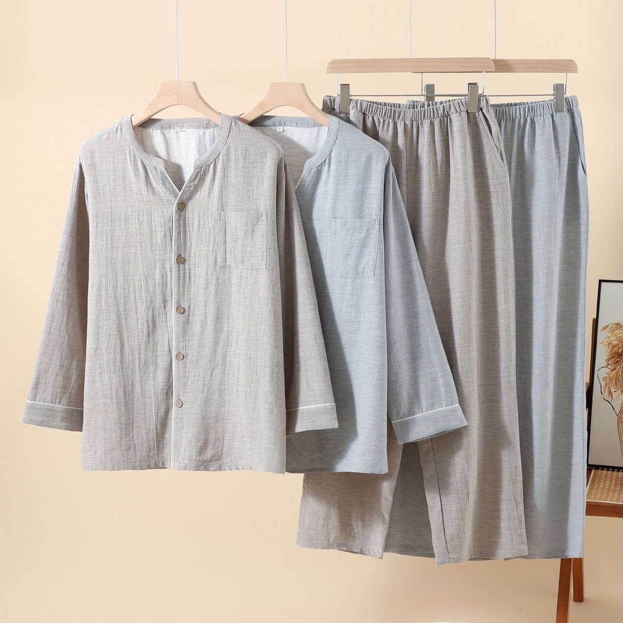 91家纺网 家纺一手货源 找家纺 （总）洛兰沙家居馆 2025新款无印风天丝麻睡衣男纯色家居服春秋夏薄款开衫睡衣套装可外穿