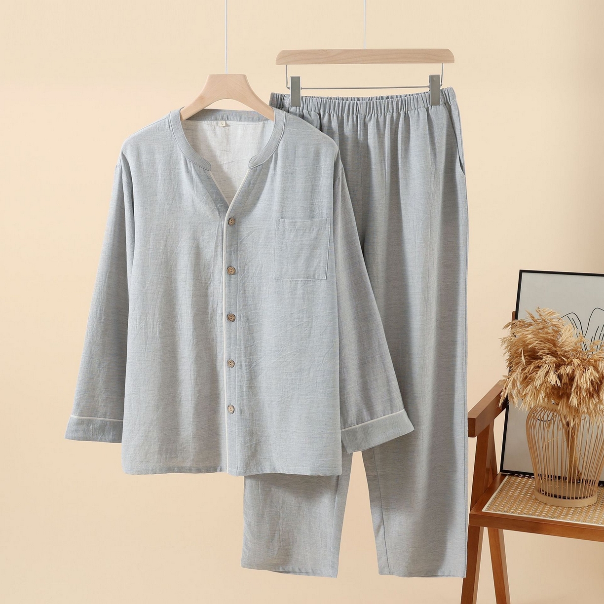 91家纺网 家纺一手货源 找家纺 （总）洛兰沙家居馆 2025新款无印风天丝麻睡衣男纯色家居服春秋夏薄款开衫睡衣套装可外穿