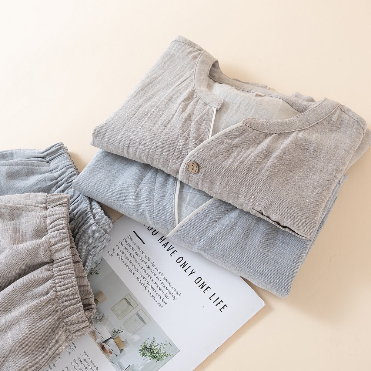 91家纺网 家纺一手货源 找家纺 （总）洛兰沙家居馆 2025新款无印风天丝麻睡衣男纯色家居服春秋夏薄款开衫睡衣套装可外穿