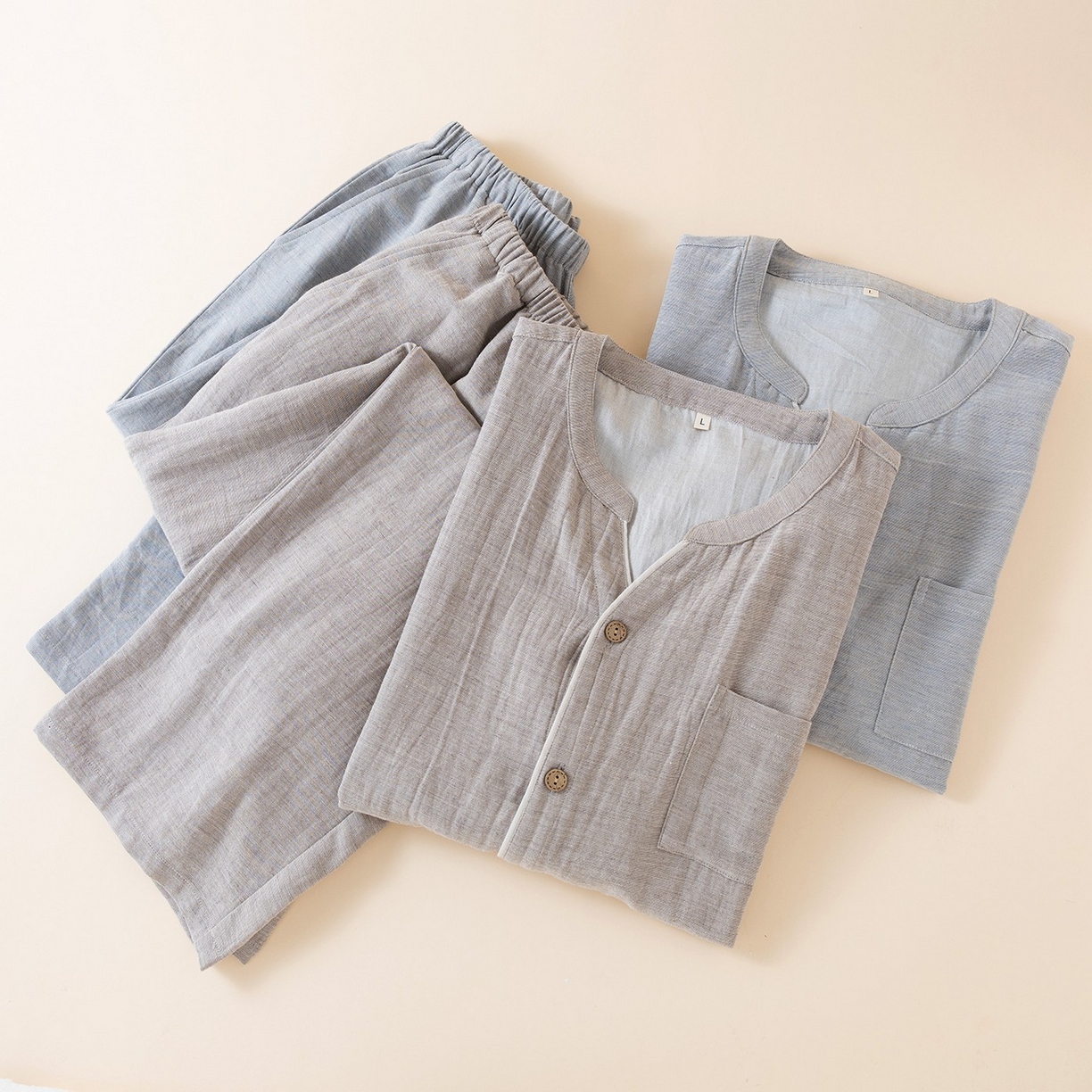 91家纺网 家纺一手货源 找家纺 （总）洛兰沙家居馆 2025新款无印风天丝麻睡衣男纯色家居服春秋夏薄款开衫睡衣套装可外穿