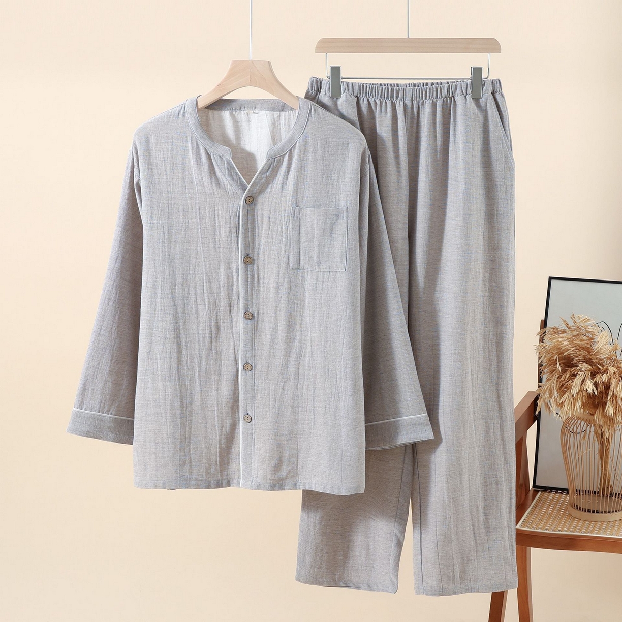 （总）洛兰沙家居馆 2025新款无印风天丝麻睡衣男纯色家居服春秋夏薄款开衫睡衣套装可外穿