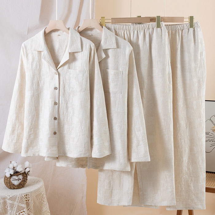 91家纺网 家纺一手货源 找家纺 （总）洛兰沙家居馆 2025新款简约纯色棉麻睡衣情侣款春秋夏季薄款男女士家居服套装可外穿长袖