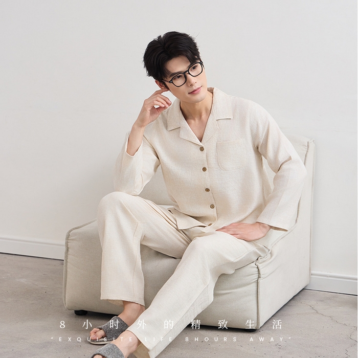 91家纺网 家纺一手货源 找家纺 （总）洛兰沙家居馆 2025新款简约纯色棉麻睡衣情侣款春秋夏季薄款男女士家居服套装可外穿长袖