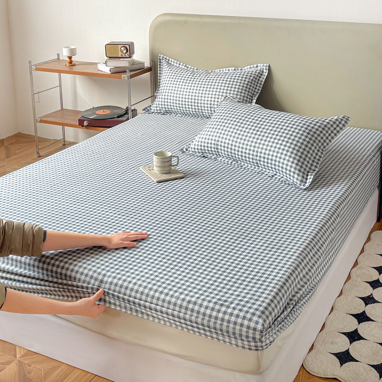 91家纺网 家纺一手货源 找家纺 楠沐家纺 2026新款无印风单层床笠床垫保护套 布丁格蓝