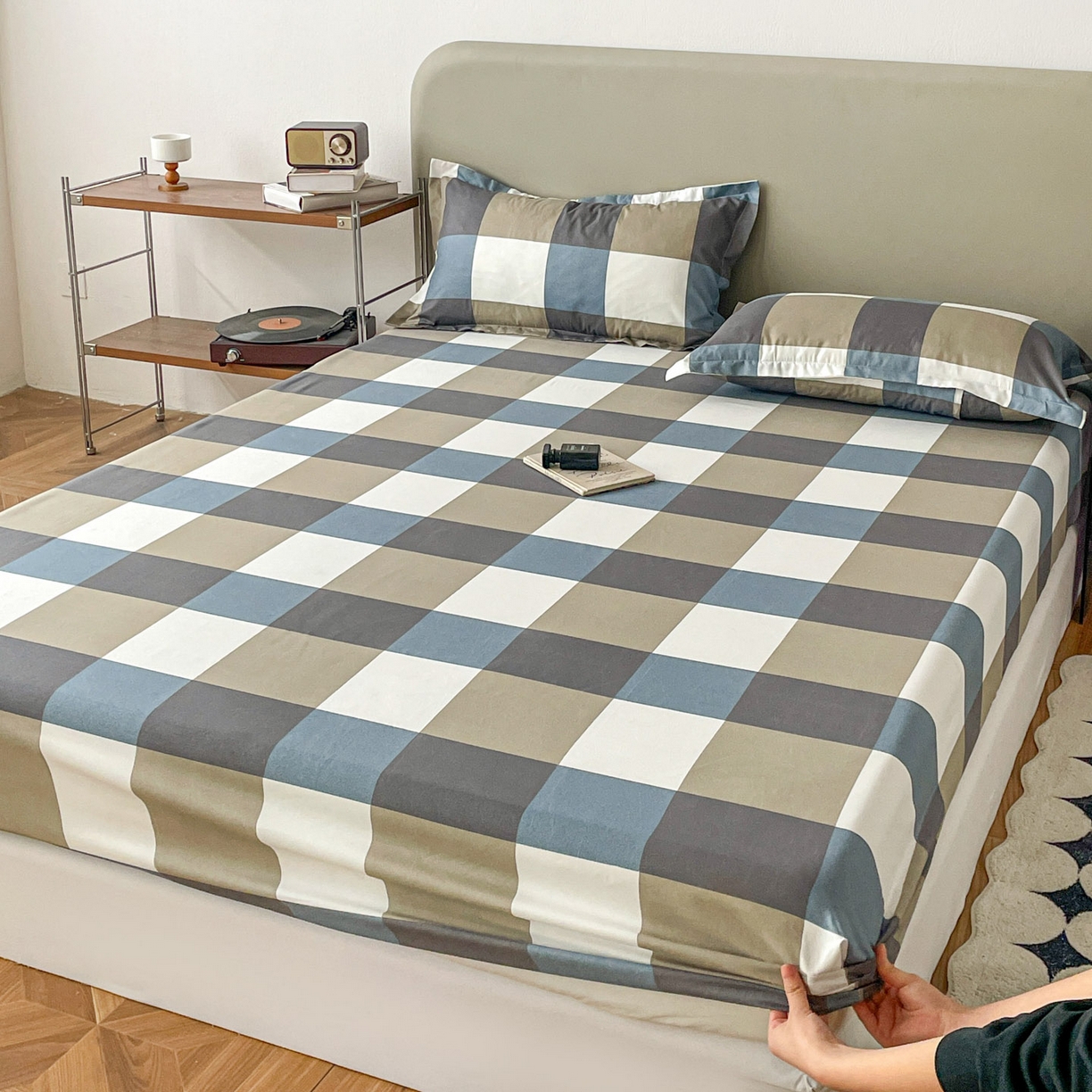 91家纺网 家纺一手货源 找家纺 楠沐家纺 2026新款无印风单层床笠床垫保护套 蓝大格