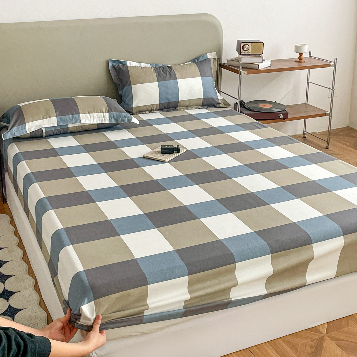 91家纺网 家纺一手货源 找家纺 楠沐家纺 2026新款无印风单层床笠床垫保护套 蓝大格