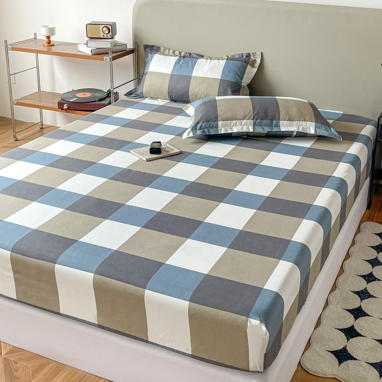 91家纺网 家纺一手货源 找家纺 楠沐家纺 2026新款无印风单层床笠床垫保护套 蓝大格