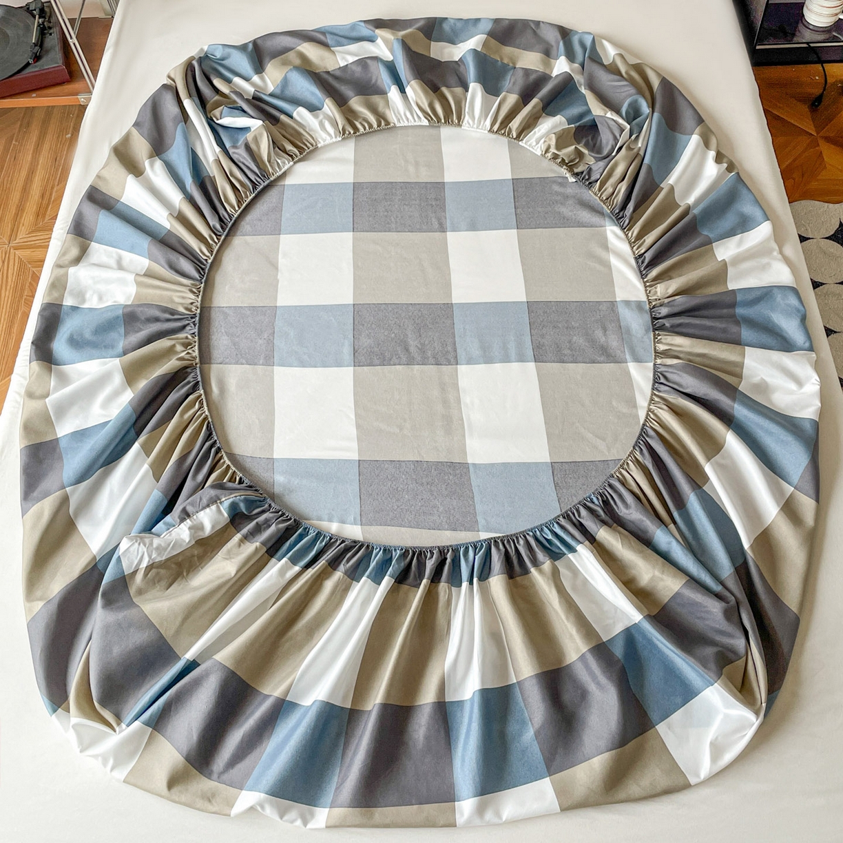 91家纺网 家纺一手货源 找家纺 楠沐家纺 2026新款无印风单层床笠床垫保护套 蓝大格