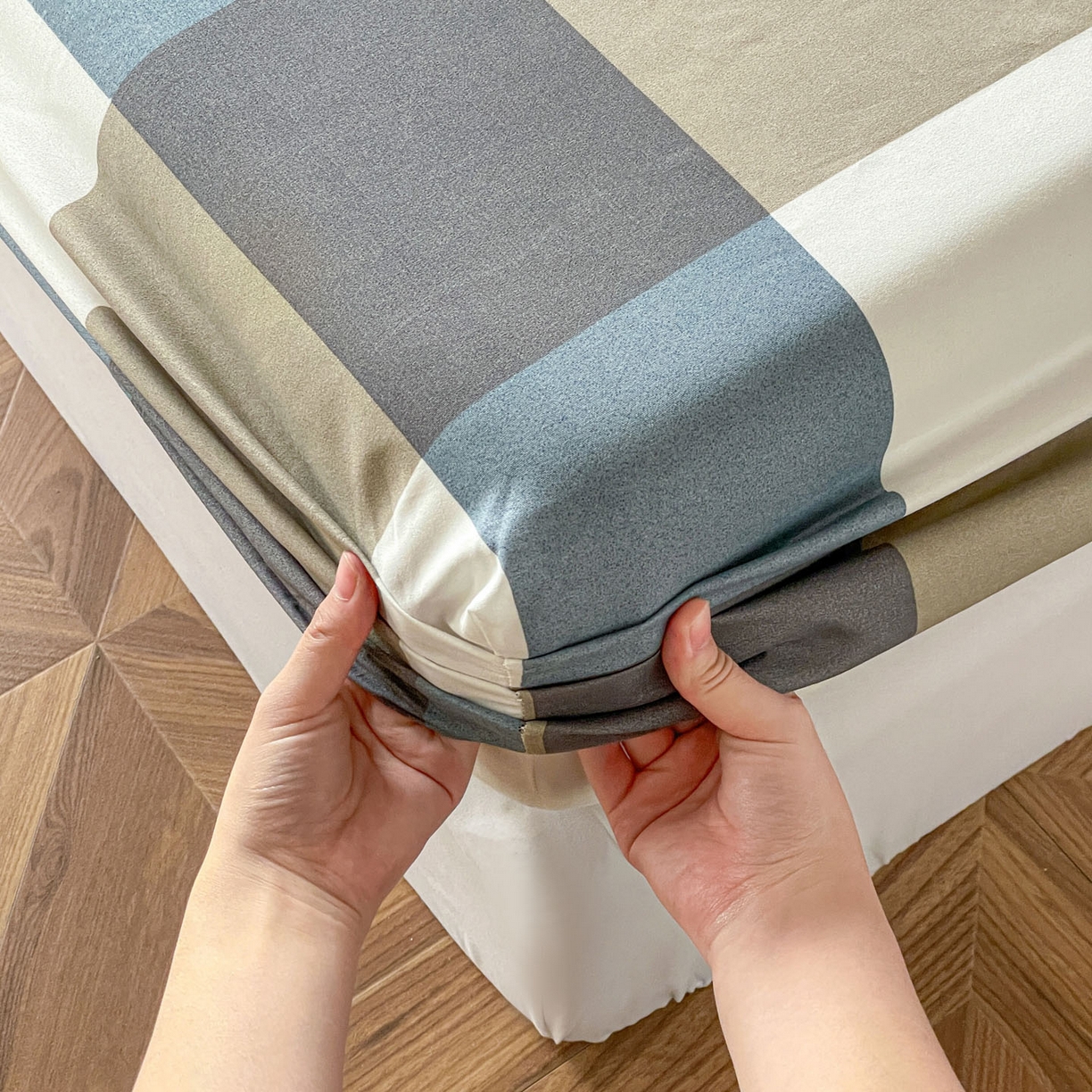 91家纺网 家纺一手货源 找家纺 楠沐家纺 2026新款无印风单层床笠床垫保护套 蓝大格