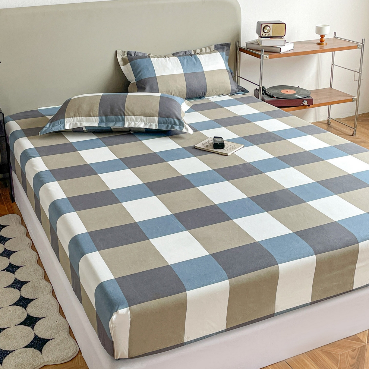 91家纺网 家纺一手货源 找家纺 楠沐家纺 2026新款无印风单层床笠床垫保护套 蓝大格