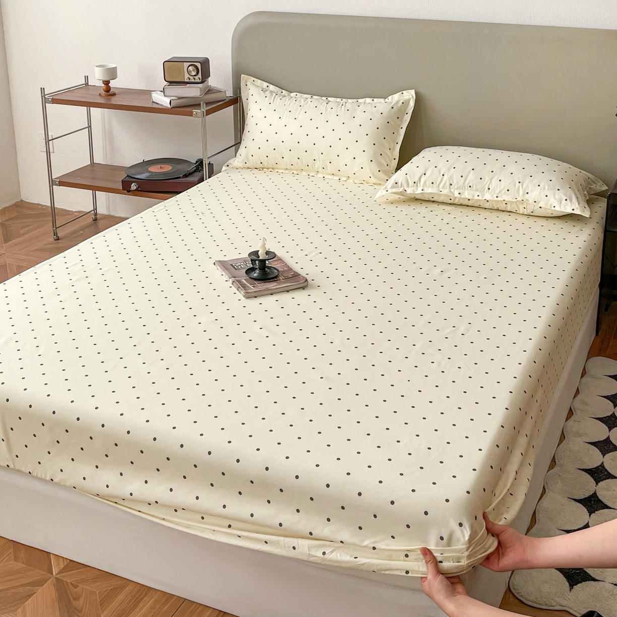 91家纺网 家纺一手货源 找家纺 楠沐家纺 2026新款无印风单层床笠床垫保护套 粉色波点