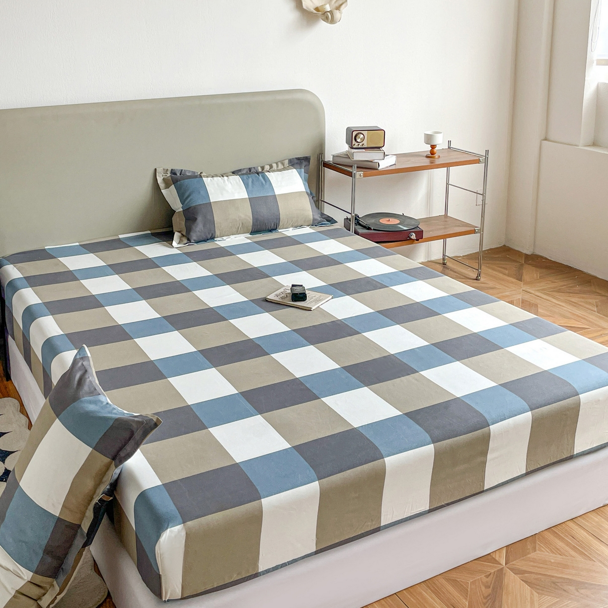 91家纺网 家纺一手货源 找家纺 楠沐家纺 2026新款无印风单层床笠床垫保护套 蓝大格