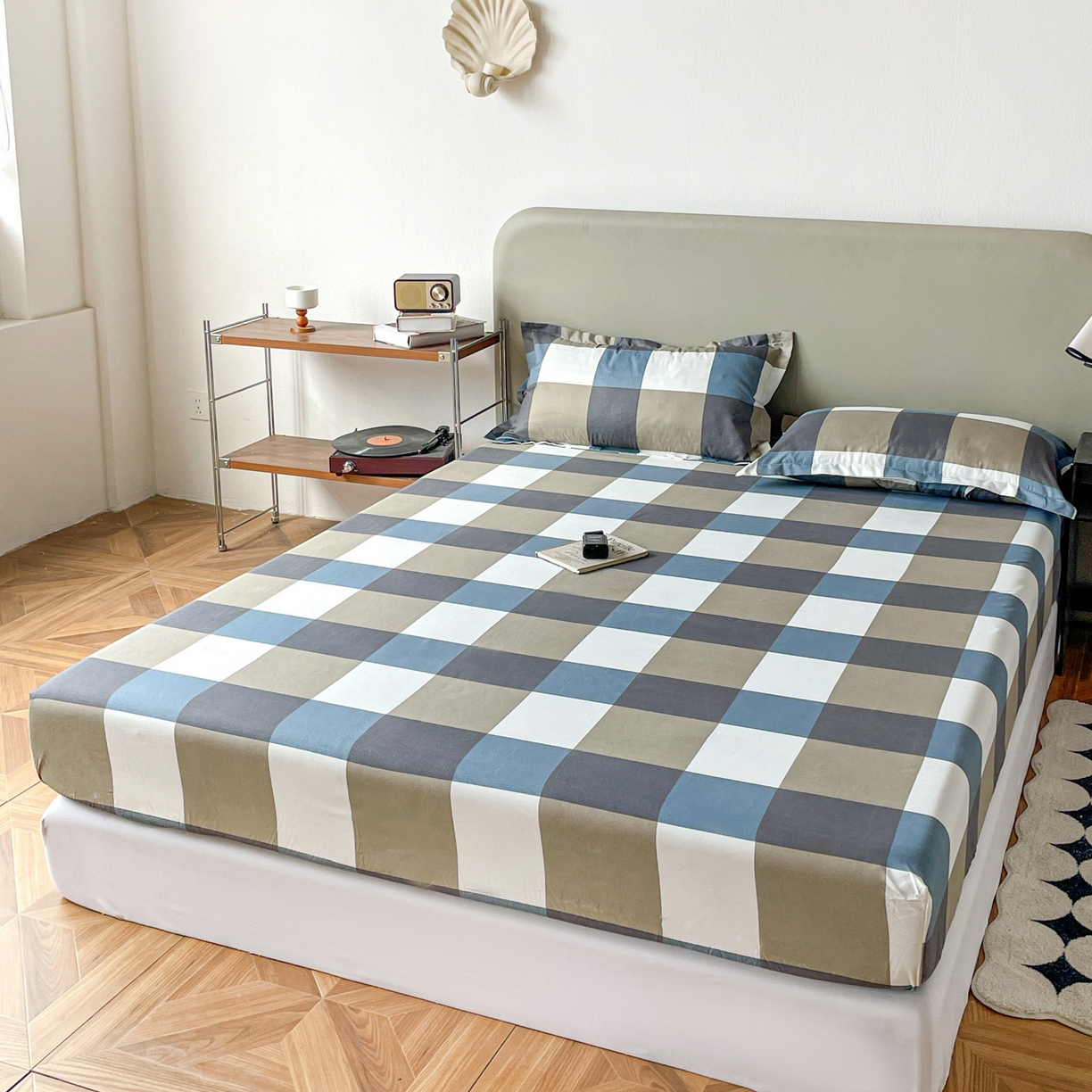 91家纺网 家纺一手货源 找家纺 楠沐家纺 2026新款无印风单层床笠床垫保护套 蓝大格