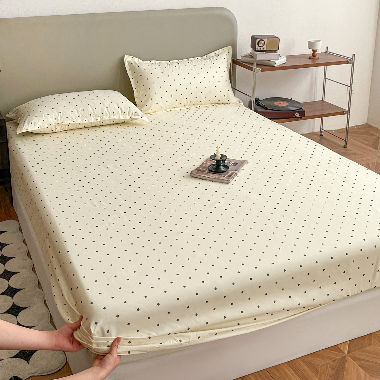 91家纺网 家纺一手货源 找家纺 楠沐家纺 2026新款无印风单层床笠床垫保护套 粉色波点