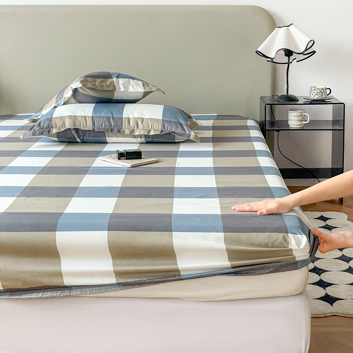 91家纺网 家纺一手货源 找家纺 楠沐家纺 2026新款无印风单层床笠床垫保护套 蓝大格