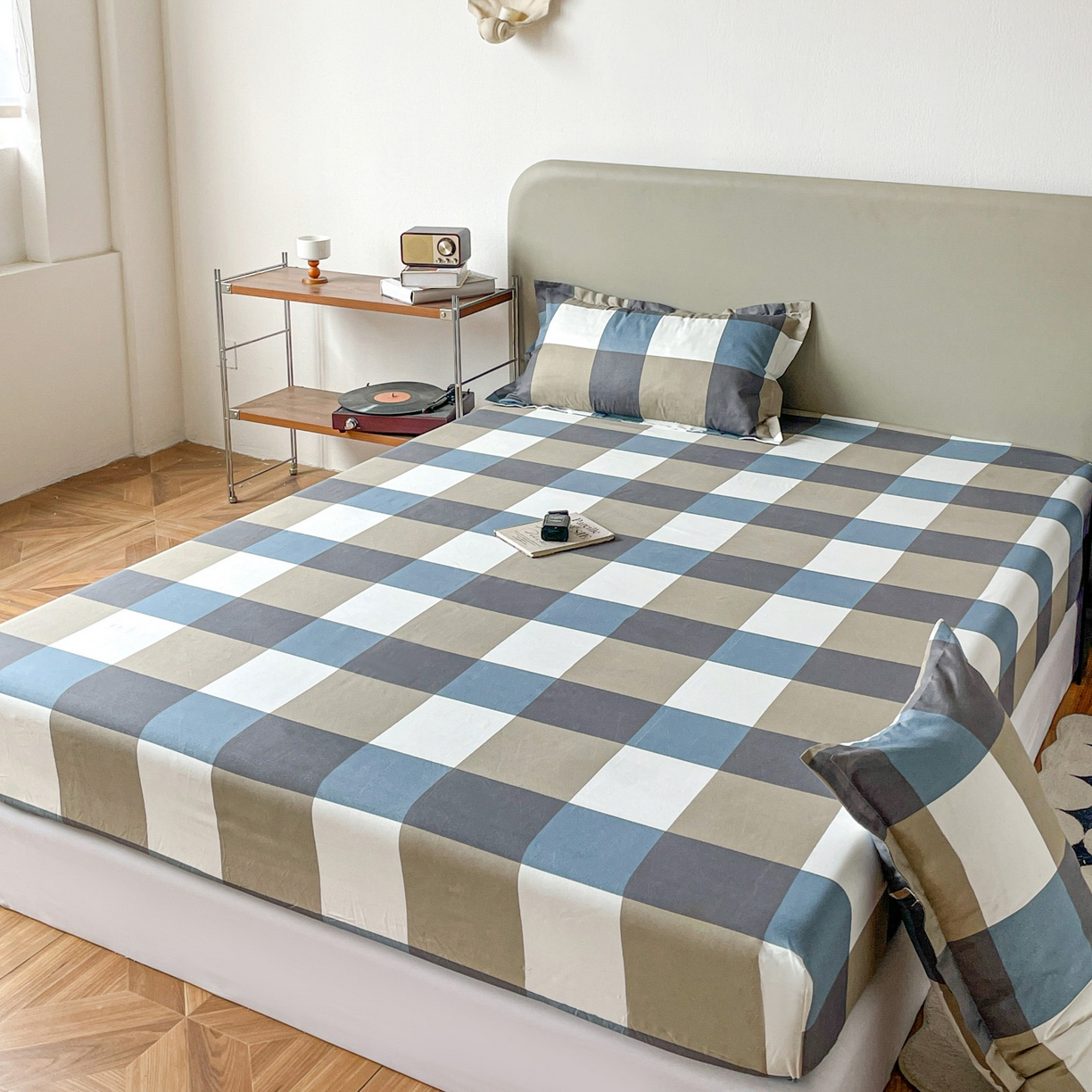 91家纺网 家纺一手货源 找家纺 楠沐家纺 2026新款无印风单层床笠床垫保护套 蓝大格