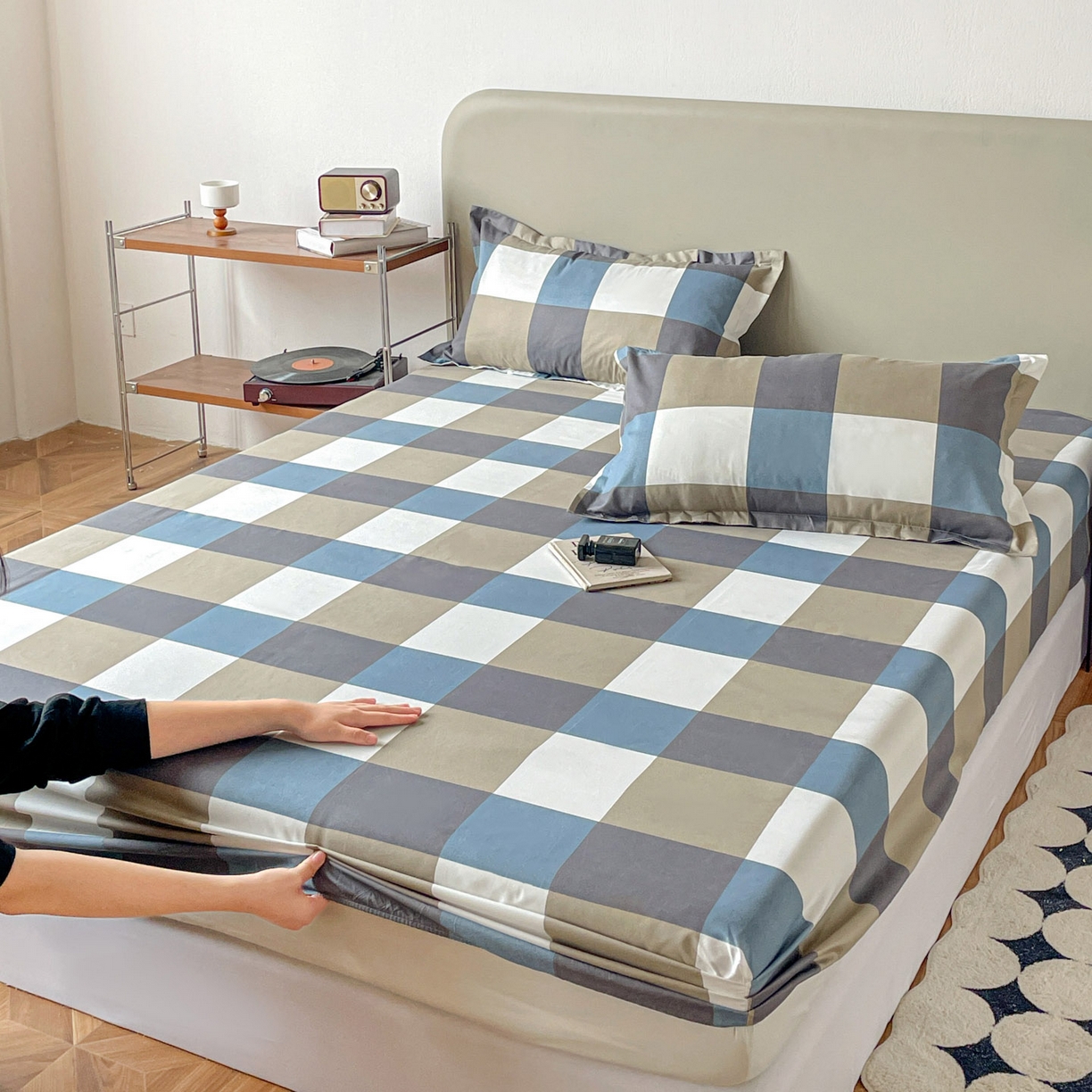 楠沐家纺 2026新款无印风单层床笠床垫保护套 蓝大格